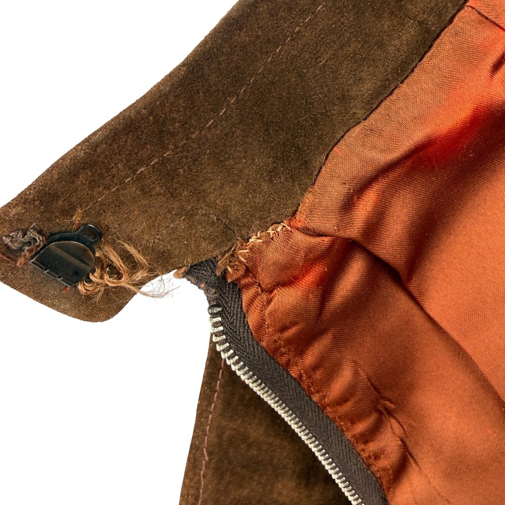 Vintage 70s Suede Leather Midi Skirt Women 26 Brown Western Boho Paneled A-Line - Picture 10 of 11